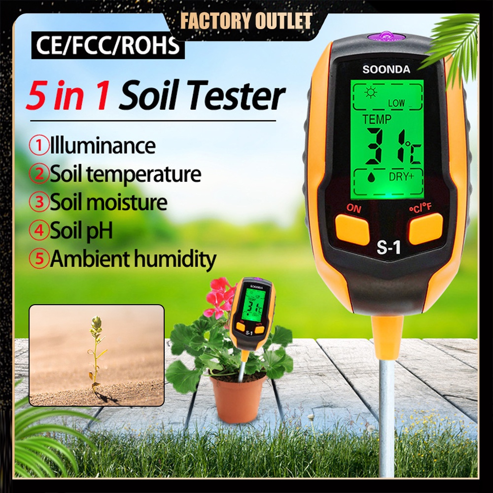 5 in 1 Soil PH Tester Moisture Sunlight Light Test Meter for Garden