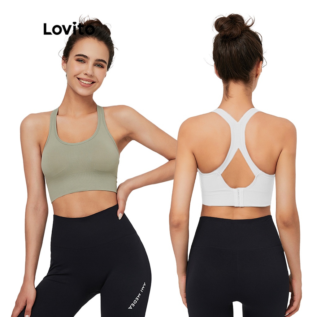 Lovito Slim Fit Wireless Sweat-wicking Breathable Absortbs Sweat Round Neck Solid Sports Bras for Women L03060 (Green/White)
