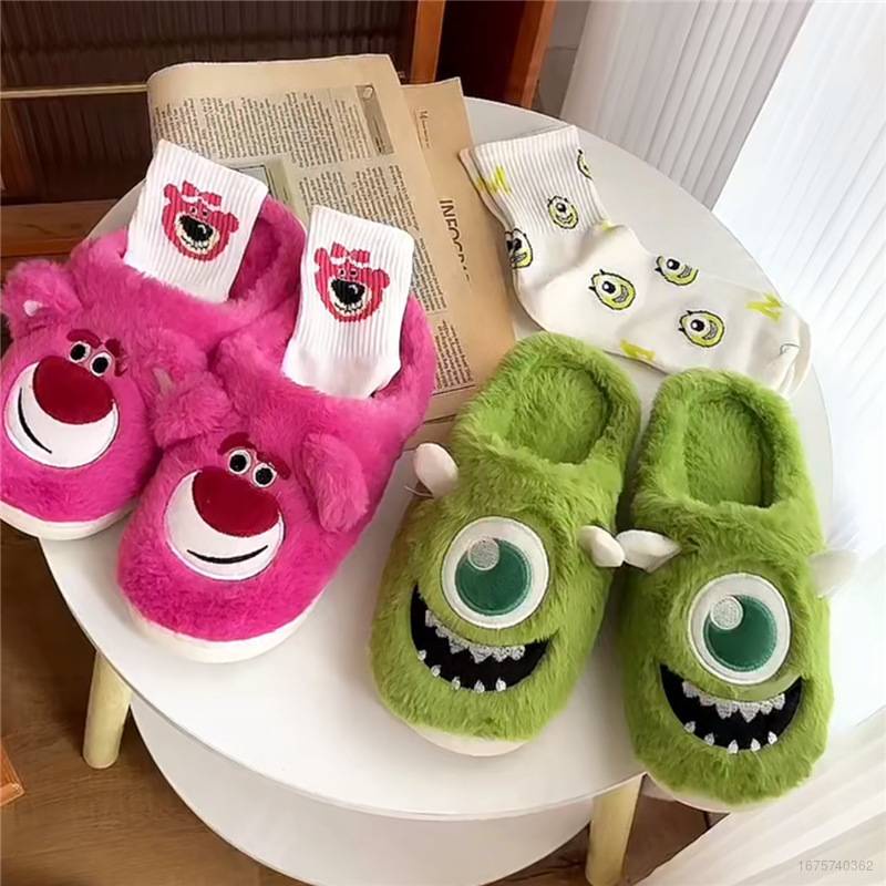 NEW Toy Story Lotso Cute Cartoon Green Mike Pink Cotton Slippers Warm ...