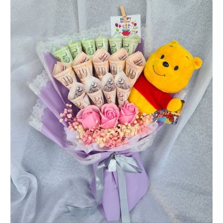 [FLOWER GIFT] Money Flower with Soap Roses and Baby Breath Bouquet