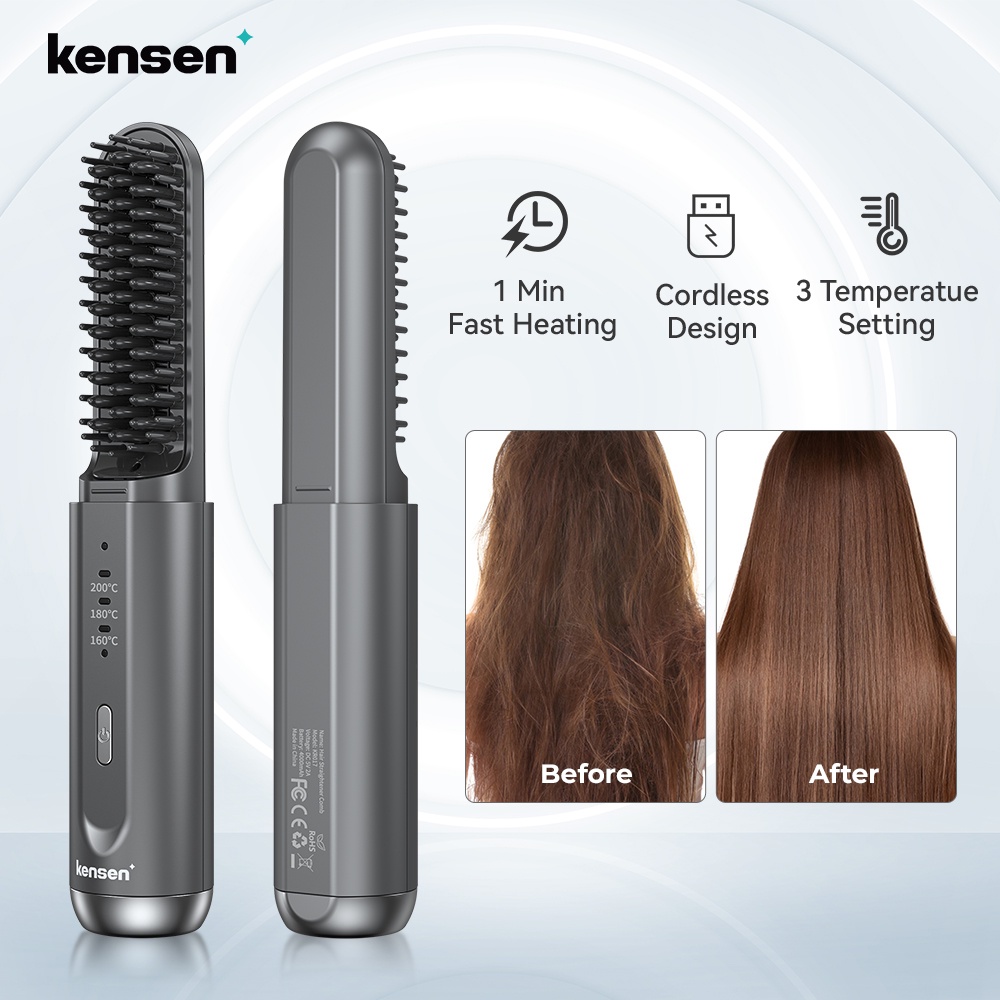 KENSEN Cordless Ionic USB Hair Straightener Comb Negative Ion LCD