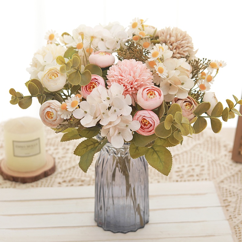 Artificial Flower Sweet Chrysanthemum Prickly Ball Hydrangea Rose Tea Bud Miscellaneous Flower Sunflower Eucalyptus Household Decoration Fake Flower