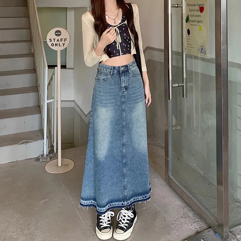 Vintage Long Denim Skirt Women Harajuku Loose High Waist Maxi Skirt Lady Streetwear A Line Jeans