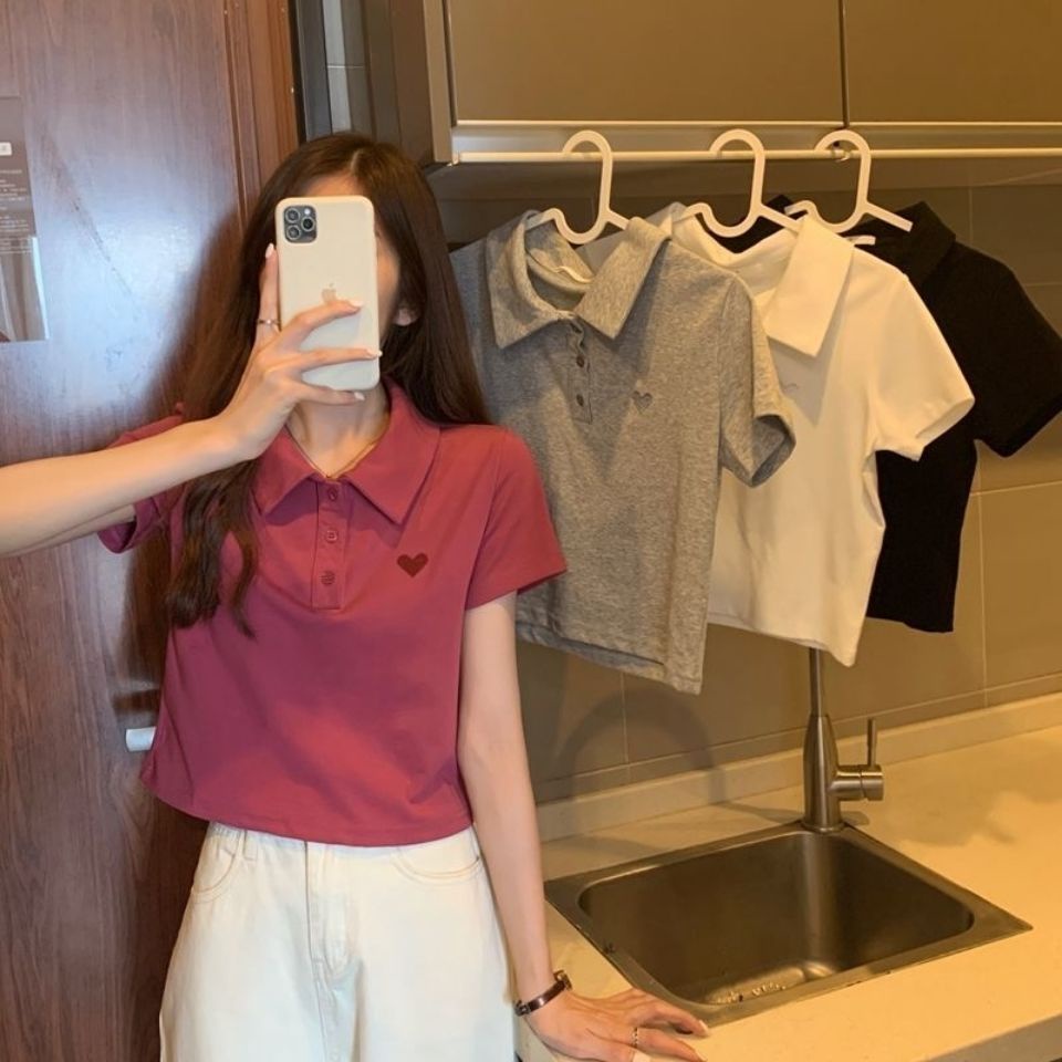 2023 Korean Summer New Women's Versatile Love Embroidered Short Sleeve ...