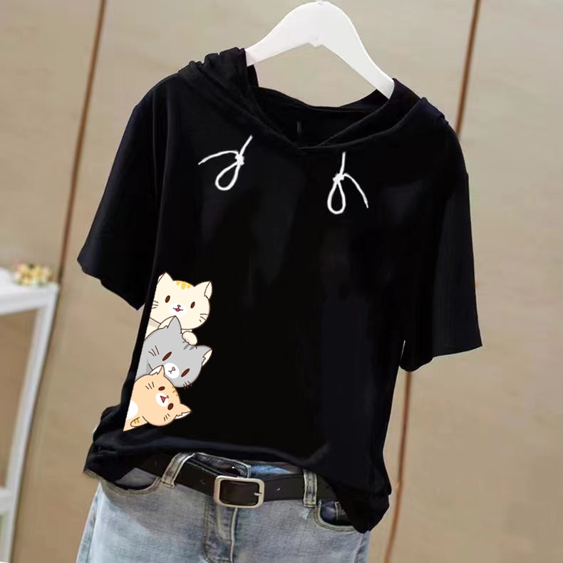 女裝上衣短袖卫衣女black Short sleeve top summer new hooded clothing hooded t-shirt fashion hoodie women printed casual loose Short sleeve top women女生衣服韩版百搭短袖T恤