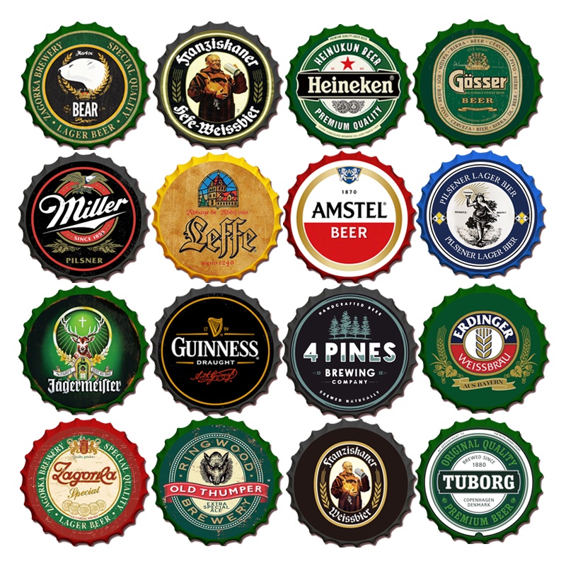 Beer Bottle Cap Tin Sign Vintage Round Crafts Classic Wine Beer Brand 