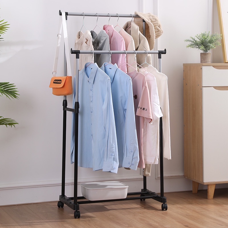 Simple Double Pole Clothes Rack Garment Hanging Rack With Wheel Rack