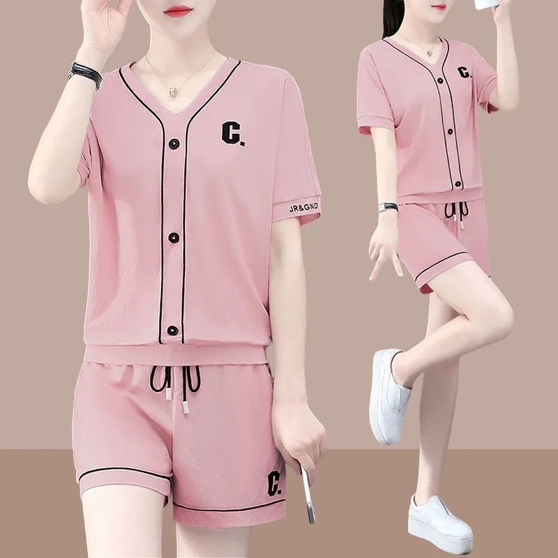 Summer Sports Suit Women 2023 New Fashion Foreign Style Ice Silk Short Sleeve Shorts Casual Two-piece Set