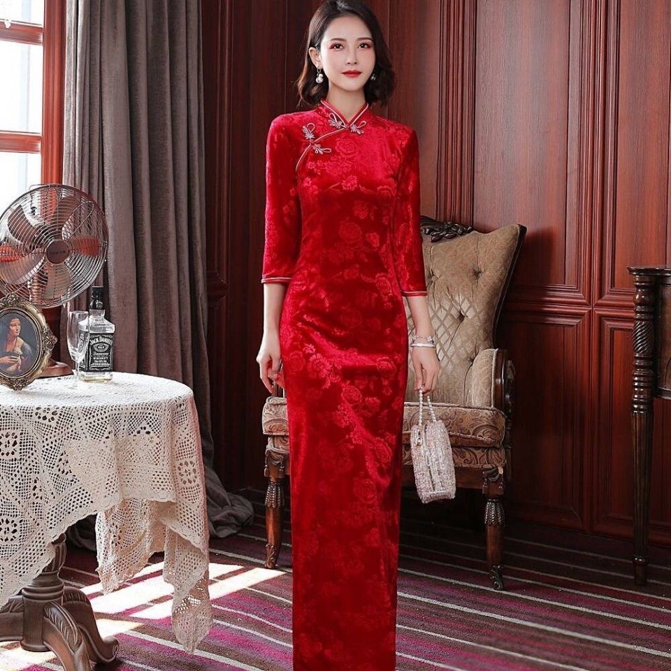 Velvet Cheongsam New Style Long Sleeve Traditional Long Red Women Daily Dinner Wedding Dress