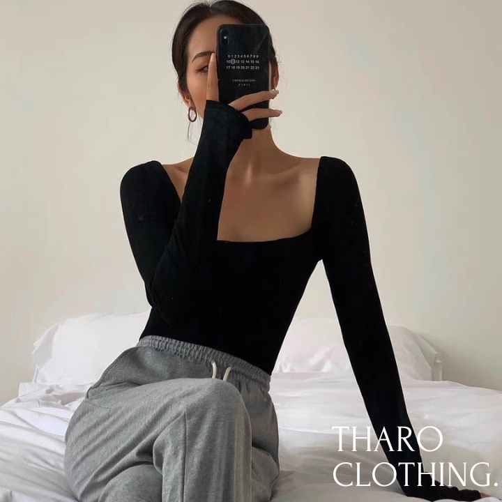 Women Long Sleeve Square Neck Shirt, Long Shape - Tharo Clothing [AO0093]