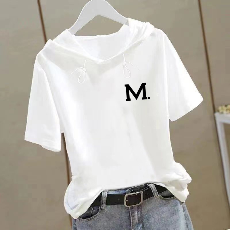 连帽上衣女White Short sleeve top 2023 summer new hooded clothing hooded t-shirt fashion hoodie women Korean printed casual loose Short sleeve top womens韓版百搭衣服女