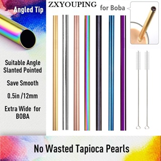 Reusable Boba Smoothie Straw Rainbow Metal Straws Wide Thick Fat Angled Tip  Sharp End Straw for