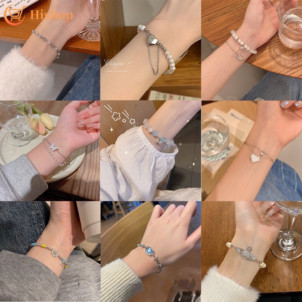 Pearl Opal Beads Bracelet Y2K Accessories Girl Oil Heart Zircon Butterfly Cartoon Bear Bracelets Jewelry