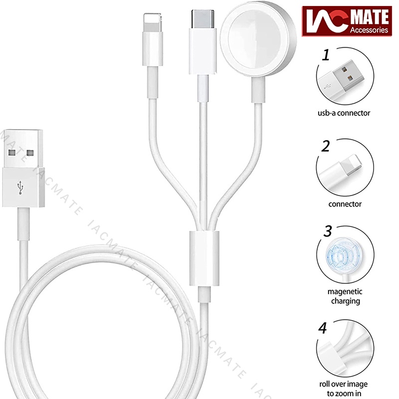 3 in 1 Magnetic Wireless Smart Watch Fast Charging Cable For i-watch Series SE/7/6/5/4/3/2/1 and for i-Phone 14 13 12 11 X Pad Air-pods, USB C Charging Cord for Android