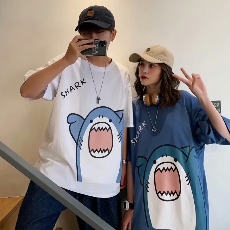 2023 new fashion Korean trend top cartoon small shark print T-shirt men ...