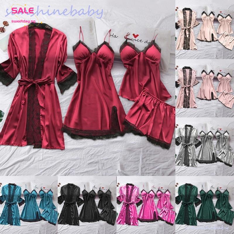 READY STOCK Victoria Secret 2pcs set Silk Satin Pyjamas Pajamas Women Sexy  Lace Stripe Sleeveless Pijama Wanita Seksi