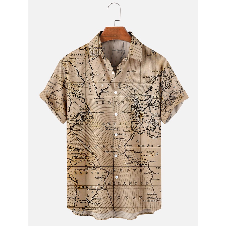 Short sleeve shirt with world map print for men, vintage Hawaiian ...