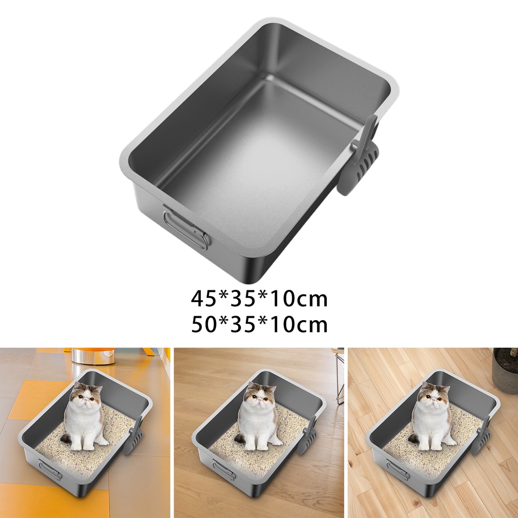 [Simple] Kitten Cat Litter Box Stainless Steel with Shovel Durable Semi