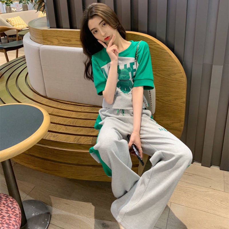 Summer New Casual Sports Suit Women's Short Sleeve T-shirt Top Split Wide Leg Pants Fashion Two-piece Set