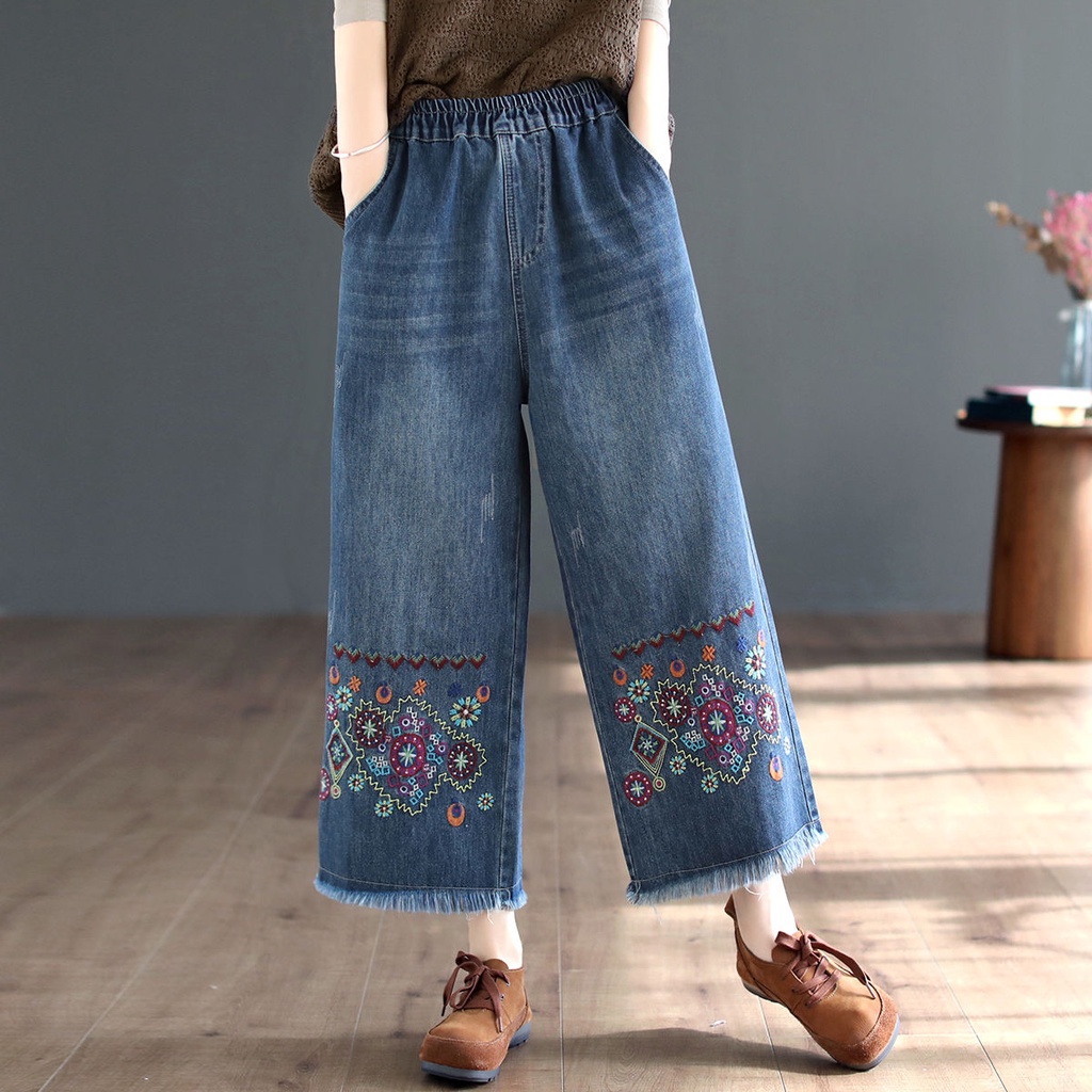 M-3XL Floral Embroidered Blue Jeans Casual Slim 8/10 Denim Pants