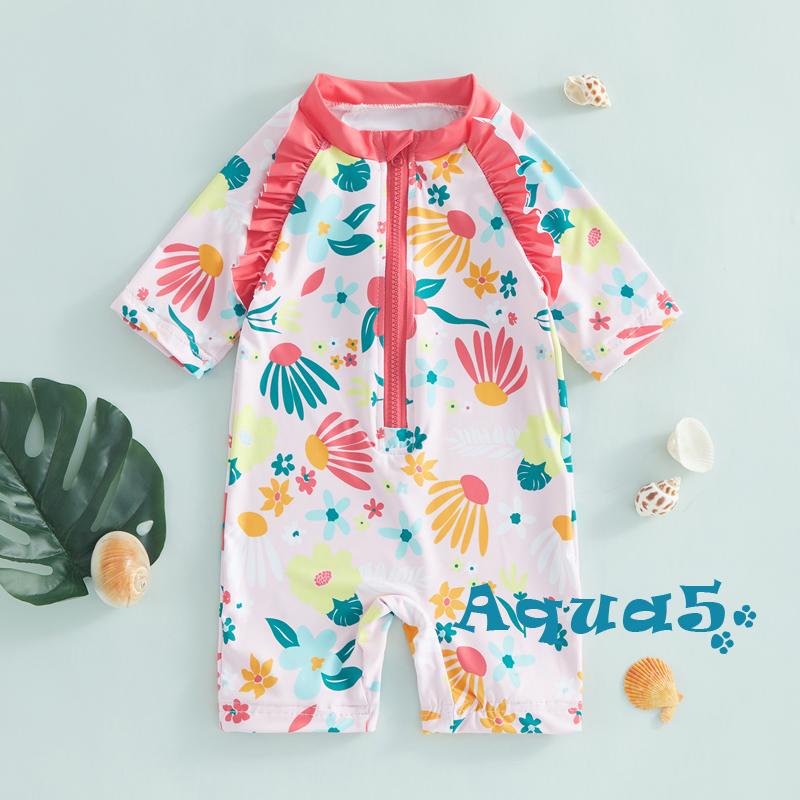 AQQ-Toddler Girls Rash Guard Swimsuit, Summer Short Sleeve Floral