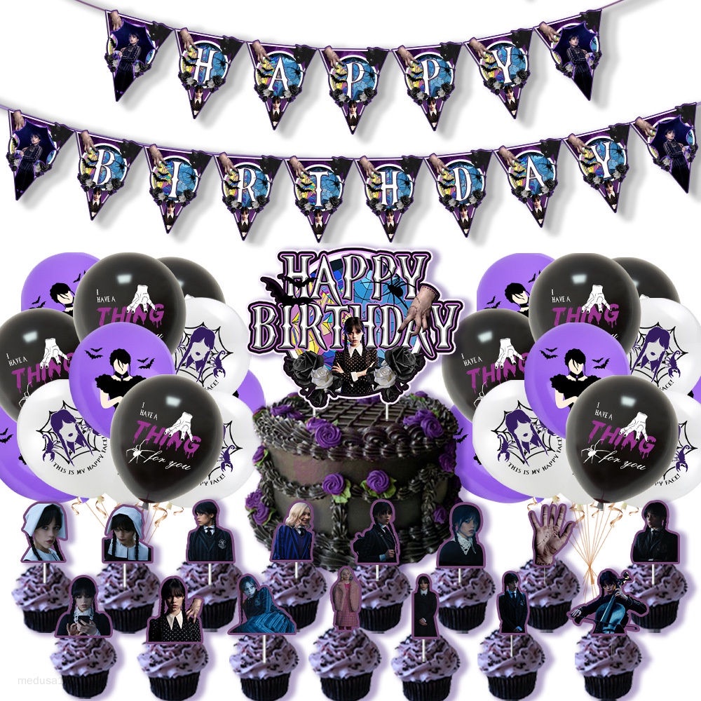 Wednesday Adams Theme Party Decoration Set Happy Birthday Banner Latex ...