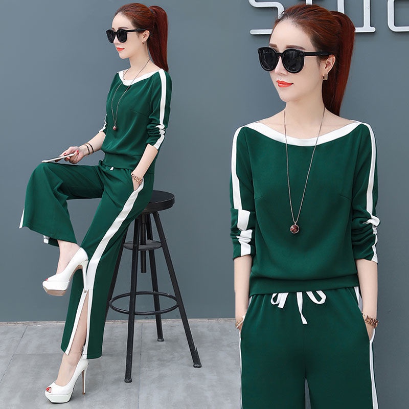 2023 New Ladies Casual Sports Suit Korean Style Slim Fit Round Neck Long Sleeve T Shirt + Long Pants Two-piece Set Fashion Daily Wear T-shirt Two-piece Set Large Size