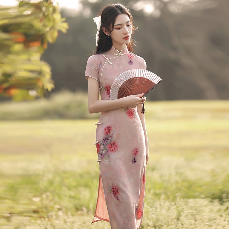 Women Pink Cheongsam Clothing Female New Style Women Clothes Chinese Style Vintage Floral Long Dress S To 2XL