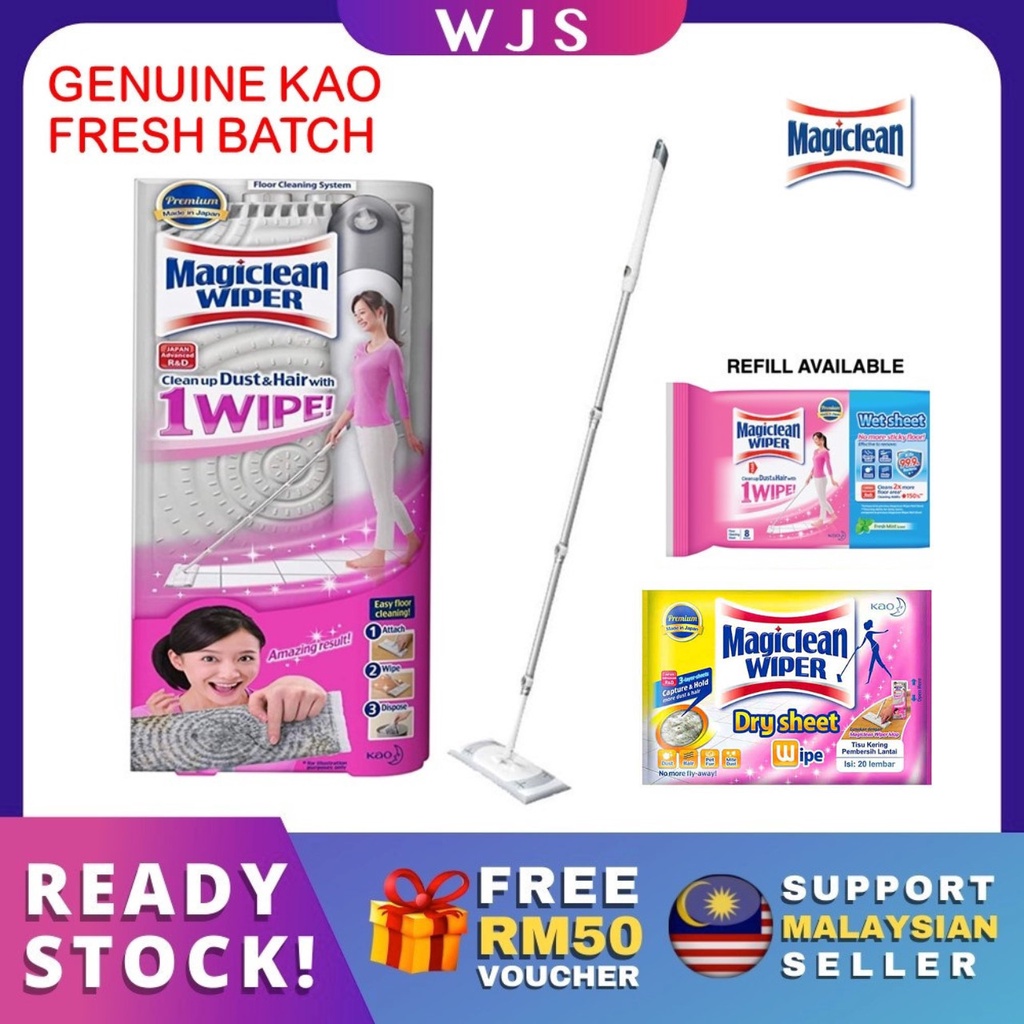 MLQ 113cm Kao Magiclean Wiper Stick Magiclean Mop Refill 3pcs Magic Clean Wet Sheet Dry Sheet