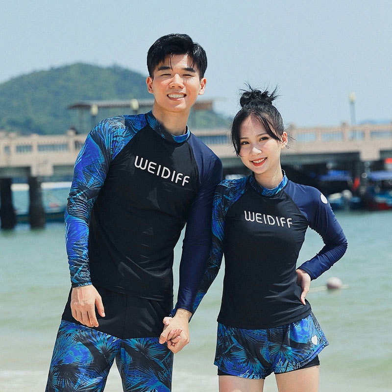 Men Women Swimming Suit Couple Fashion Black Long Sleeve Swimsuit Beach  Wear