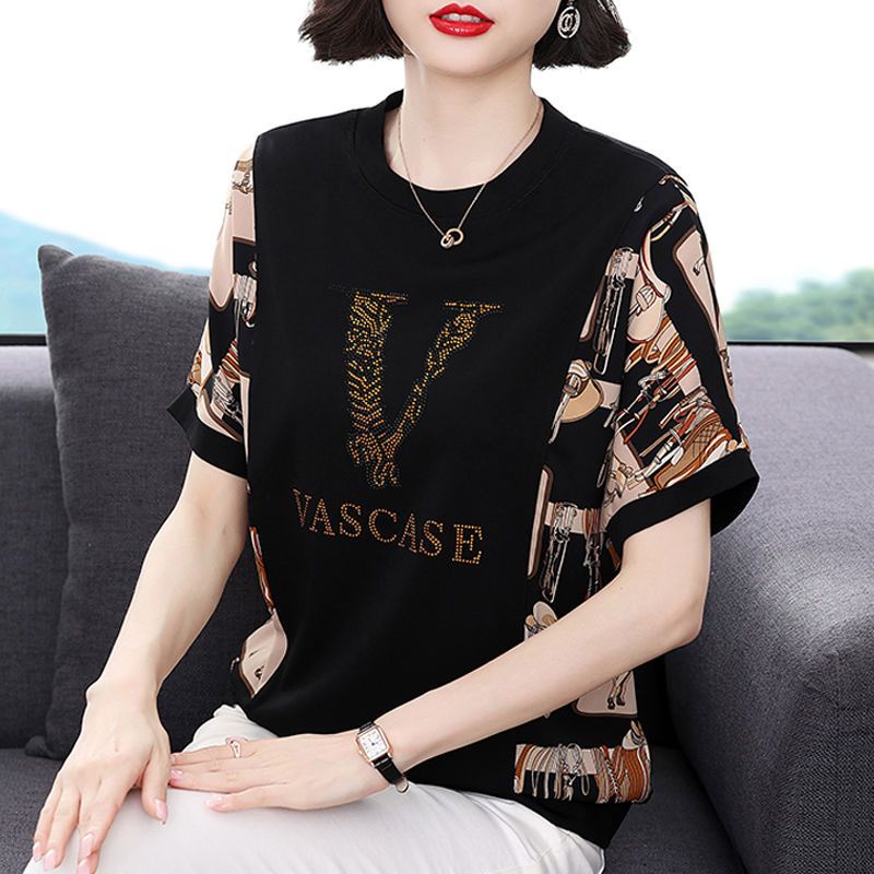 Ready Stock New style western style large size age-reducing t-shirt women's summer loose belly-covering short-sleeved top trend fashion splicing bat shirt round neck hit color women's clothing