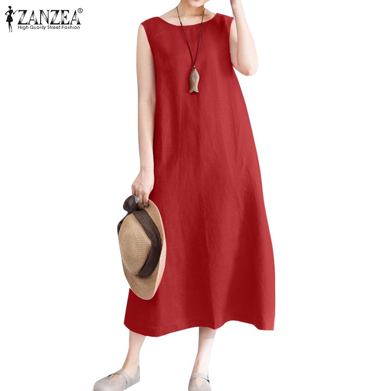 ZANZEA Women's O-Neck Korea Solid Color Beach Holiday Sleeveless ...