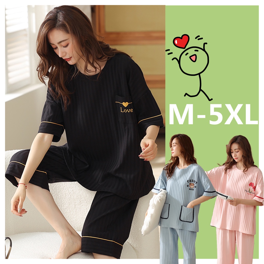 M-5XL Sleepwear Pyjamas Women Cotton Plus Size Pajamas Set 3/4 Length Summer Short Sleeve Lady V neck Simple style Home wear