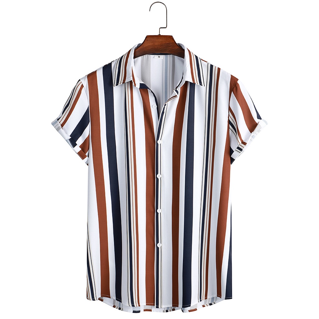 Men's Casual Loose Street Short Sleeve Striped Shirt Plus Size Botton ...