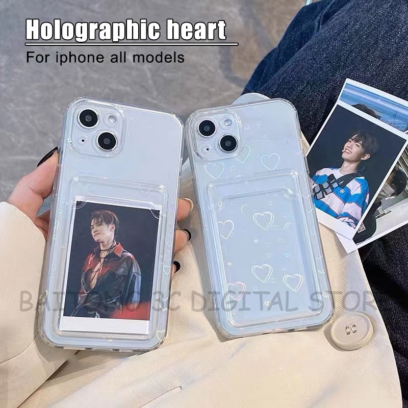 Hologram Heart Phone Case With Card Holder For iphone 15 14 13 12
