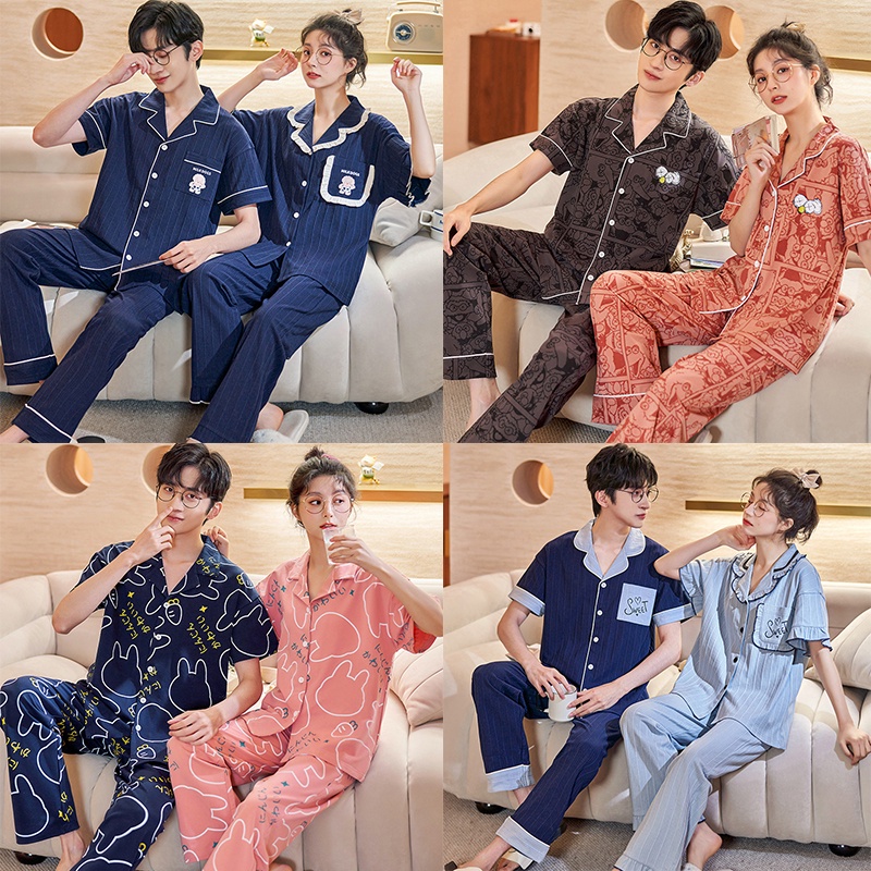 Pyjamas Couple Cotton Short Sleeve + Long Pants Sleepwear for Women and Men  Baju Tidur Couple Set