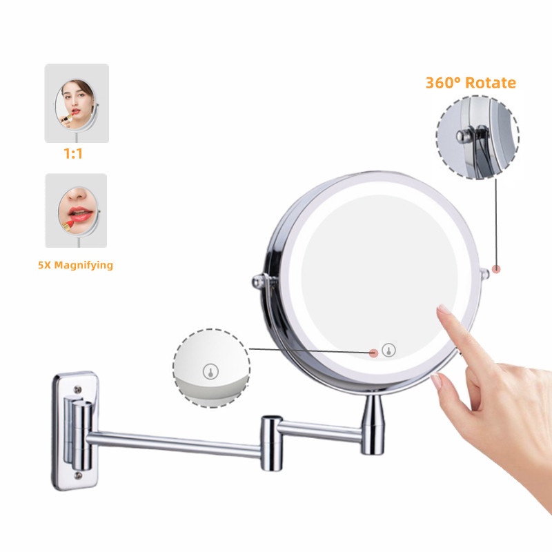 Wall Mounted Folding Arm Extend Bathroom Mirror With LED Light 5X