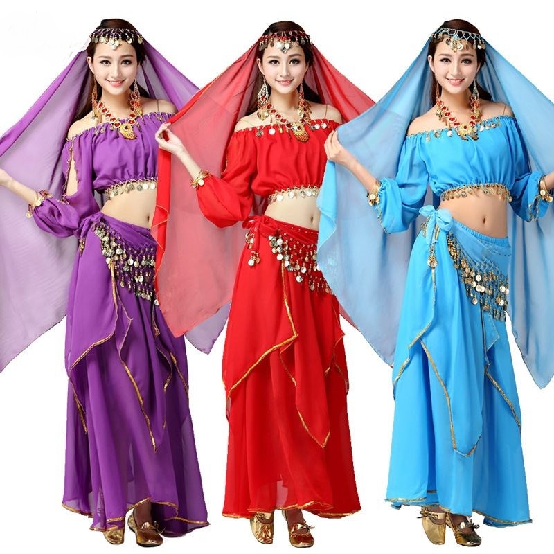 Oriental Belly Dance Costume Set Professional Bollywood Dress Indian Sari Bridal Women Top Skirt 4105