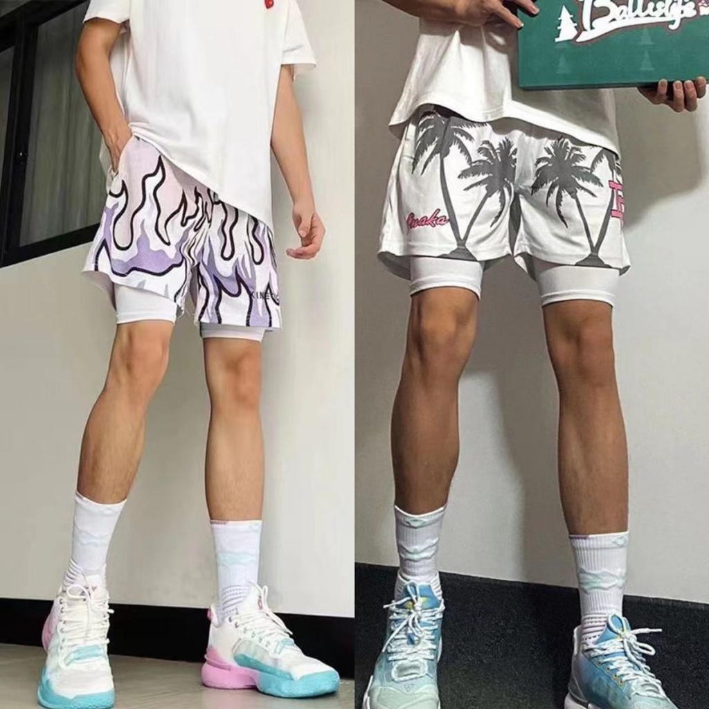 KINETIC Street Wear Inaka Power American Basketball Shorts But Knee Loose Casual Quarter Pants Men Sports Breathable Quick-Drying Lining Fake Two-Piece