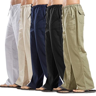 2023 New Cotton Linen Big Pocket Thin Women's Pants Solid Elastic