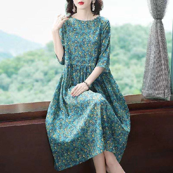 L-5XL Green Dress Women Korean Style Plus Size Loose Floral Printed Summer  Long A-line Mid-length Dress Mother Wear Batik Dress Women Baju Batik |  Shopee Singapore