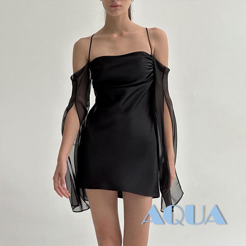 ANANA-Women Dresses Mesh Half Sleeve Bandage Solid Color Pleated