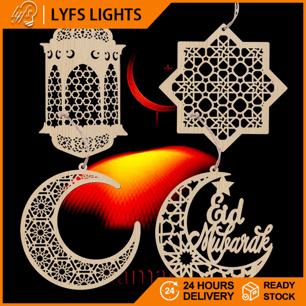 DIY Raya Wooden Pendant Moon Star Lantern Chip Ornaments Eid Mubarak ...