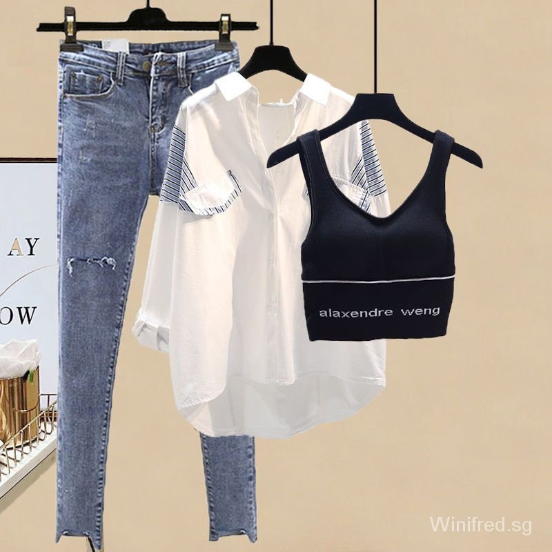 Western style] Large size 2023 belly-covering new shirt Women's slimming women's suit jeans delivery within 15 days autumn all-match women's clothing [three-piece set