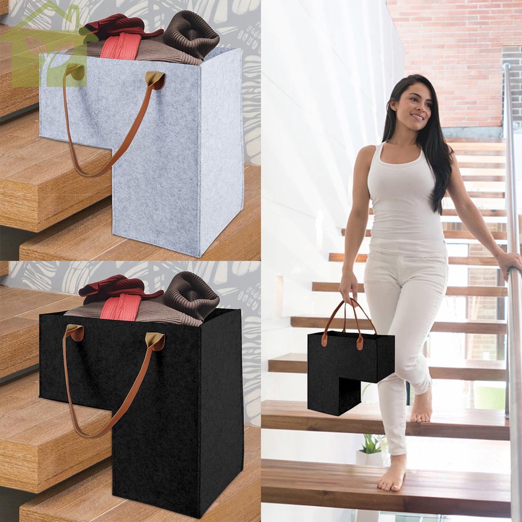 Stair Basket with Leather Handles Felt LShape Stair Step Bin Space