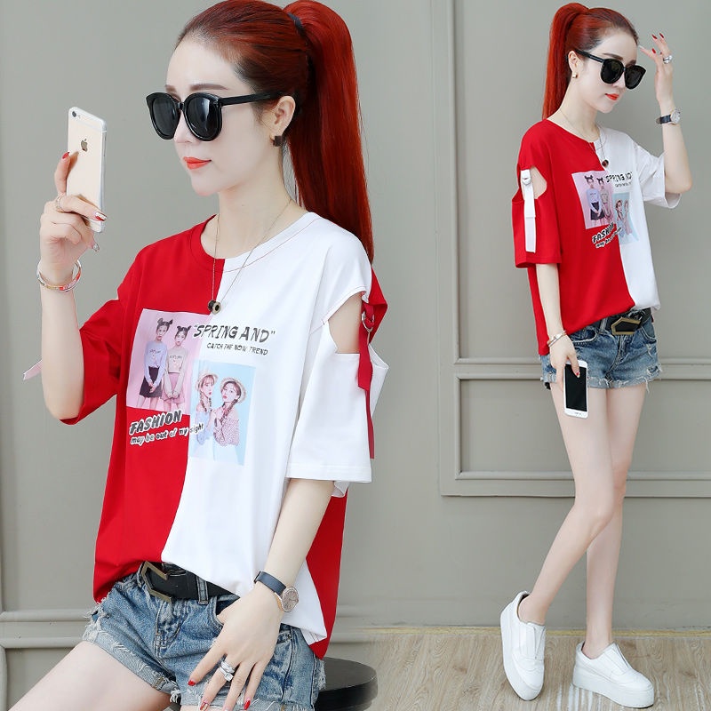 Ready Stock New 100% cotton strapless super fire cec short-sleeved T-shirt women's summer summer Korean version loose stitching contrast color short-sleeved top casual women's clothing