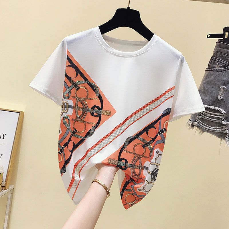 Ready Stock  2023夏季新款纯棉烫钻短袖T恤 2023 summer new cotton ironing diamond short-sleeved T-shirt women's loose stitching round neck short-sleeved top design sense niche top half-sleeved women's clothing