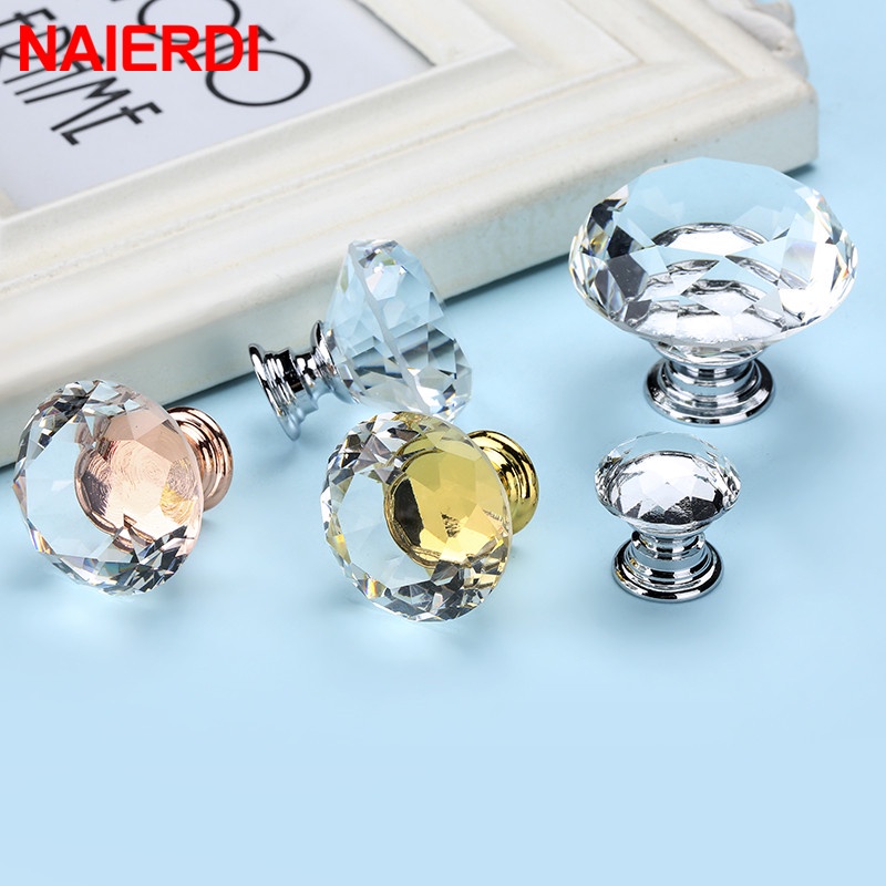 NAIERDI Gold Base Diamond Shape Design Crystal Glass Knobs Cupboard ...