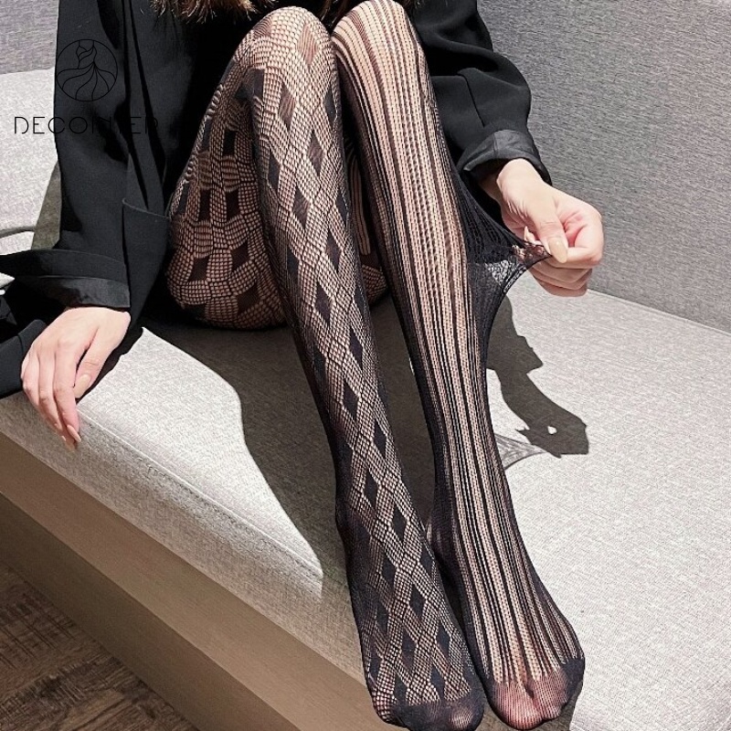 Gothic Rhombic Grid Tights Lace Silk Stockings/ Women Sexy Black White