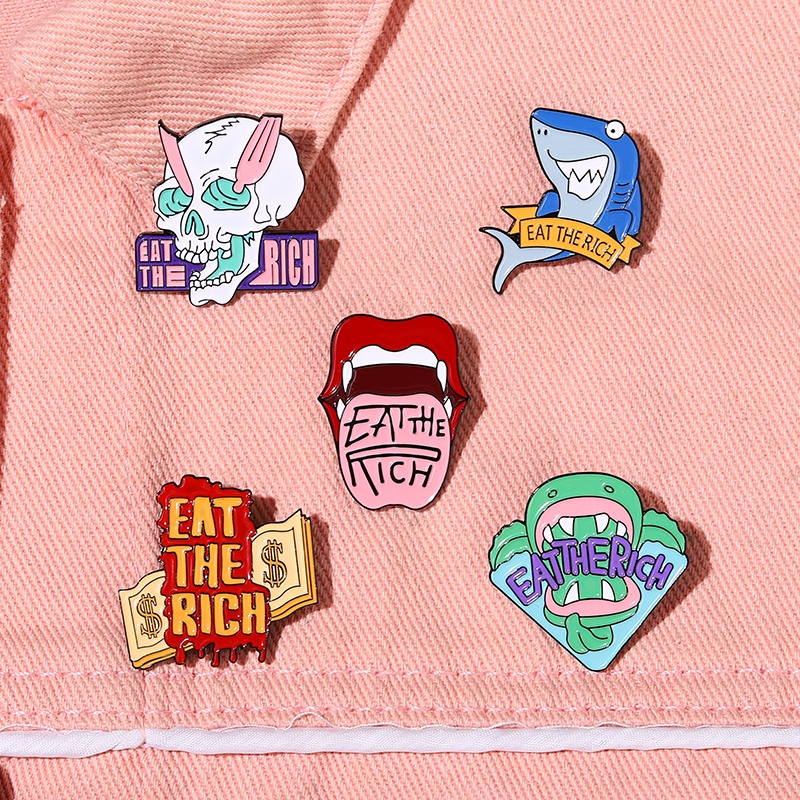 Funny Quotes Text Enamel Pins Cartoon Tongue Shark Skull Brooch Badges Lapel Pin Punk Brooches 4598